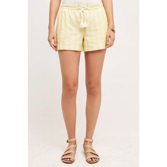 Anthropologie Elevenses Tasseled Dobby Tie Waist Shorts in Yellow & White Stripe - Picture 4 of 11